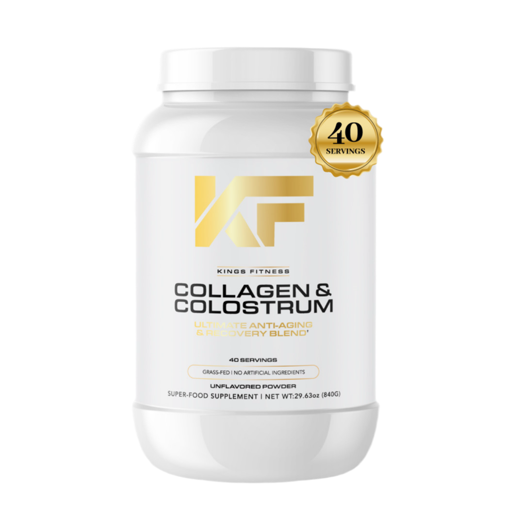 Kings Fitness Collagen and Colostrum that supports gut health, muscle recovery, energy, hair, skin, nails, immune strength, joints, bones, heart, and metabolism