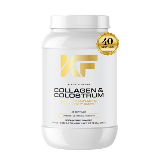 Kings Fitness Collagen and Colostrum that supports gut health, muscle recovery, energy, hair, skin, nails, immune strength, joints, bones, heart, and metabolism